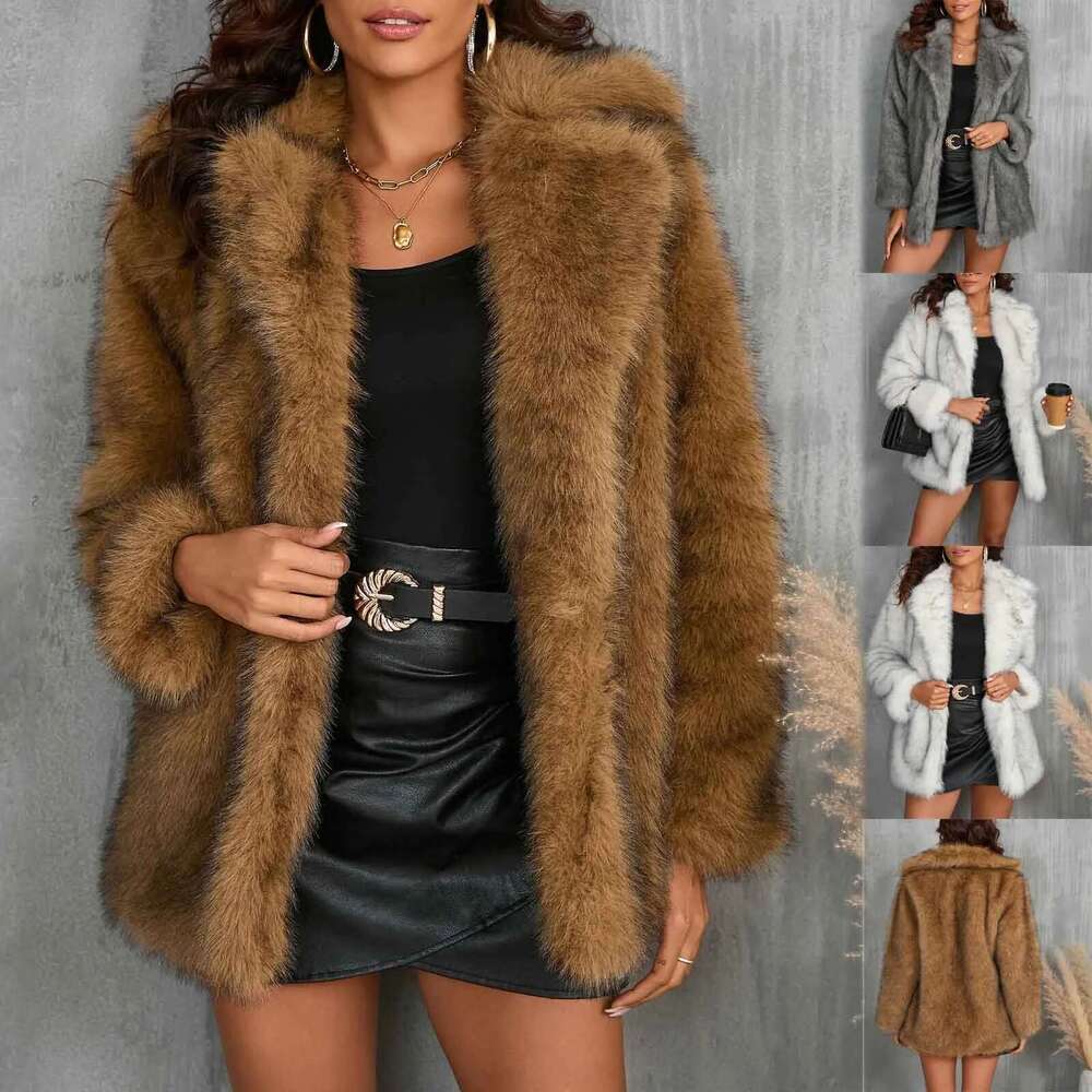 High Street Women's Fashion Slim Medium Long Turn-Down Collar Jacket Winter Faux Fur Office Lady Coat Women