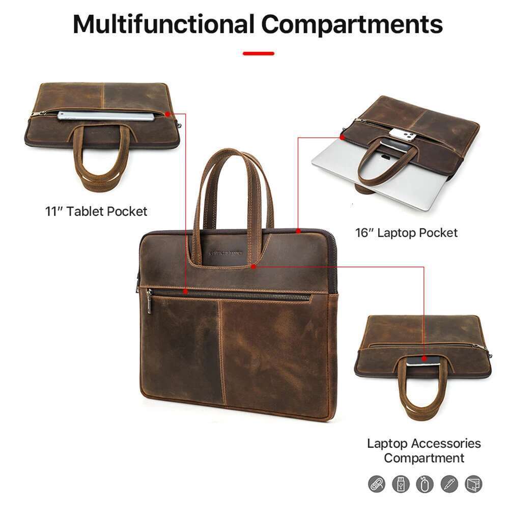 CONTACT'S FAMILY Men Briefcase Genuine Leather Laptop Bag For Air 13 M1 M2 M3 M4 Pro 14 book 15 16 inch Handbag Tote