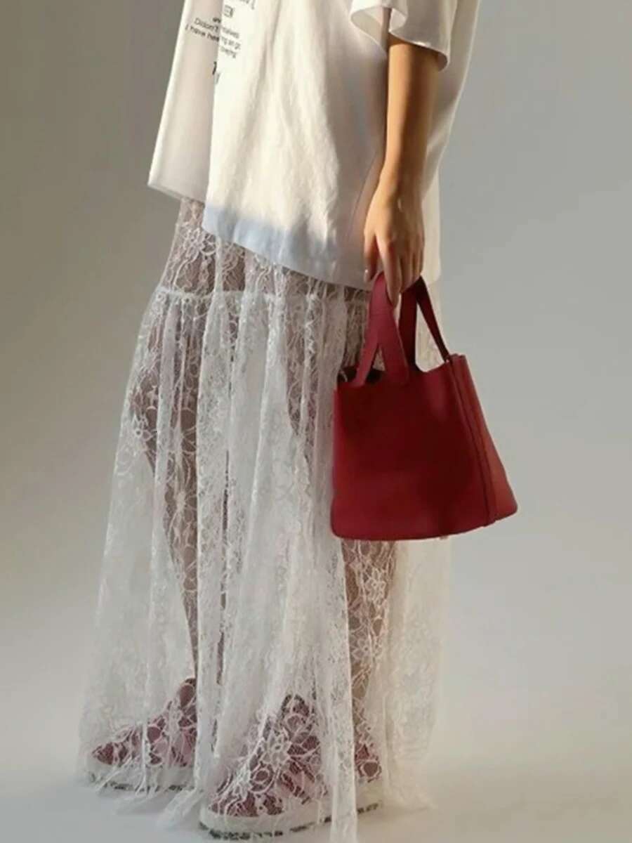 Lace Jacquard Transperant Women Summer New High Waist Sexy Casual Long Skirts 2025 Streetwear Fashion White Maxi Skirt