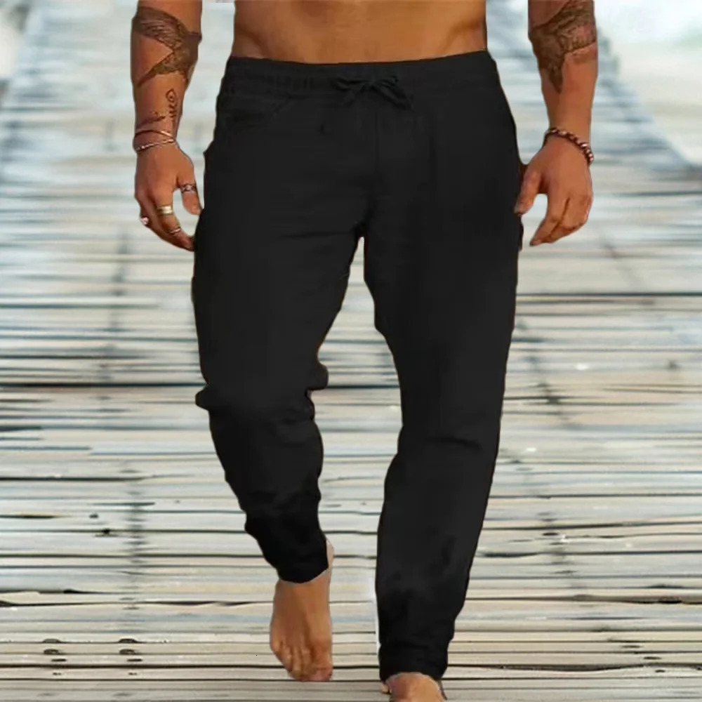 Mens Cotton Linen Casual Sweatpants Beach Pants Joggers Solid Drawstring Elastic Waist Male Vacation Loose Straight 250515