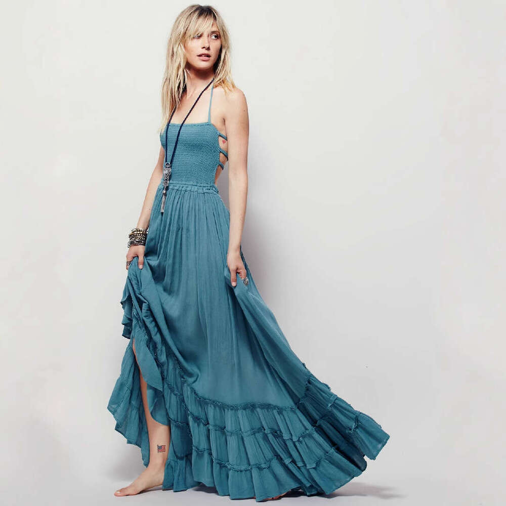 White Dress Maxi Dress Women's Backless Bohemian Beach Long Cotton Dress KQ