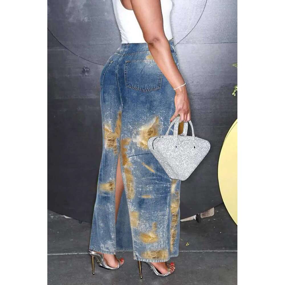 Women's Plus Size Skirt Daily Blue Metallic Coating High Waist Pockets Split Hem Casual Vintage Streetwear Long Denim Skir