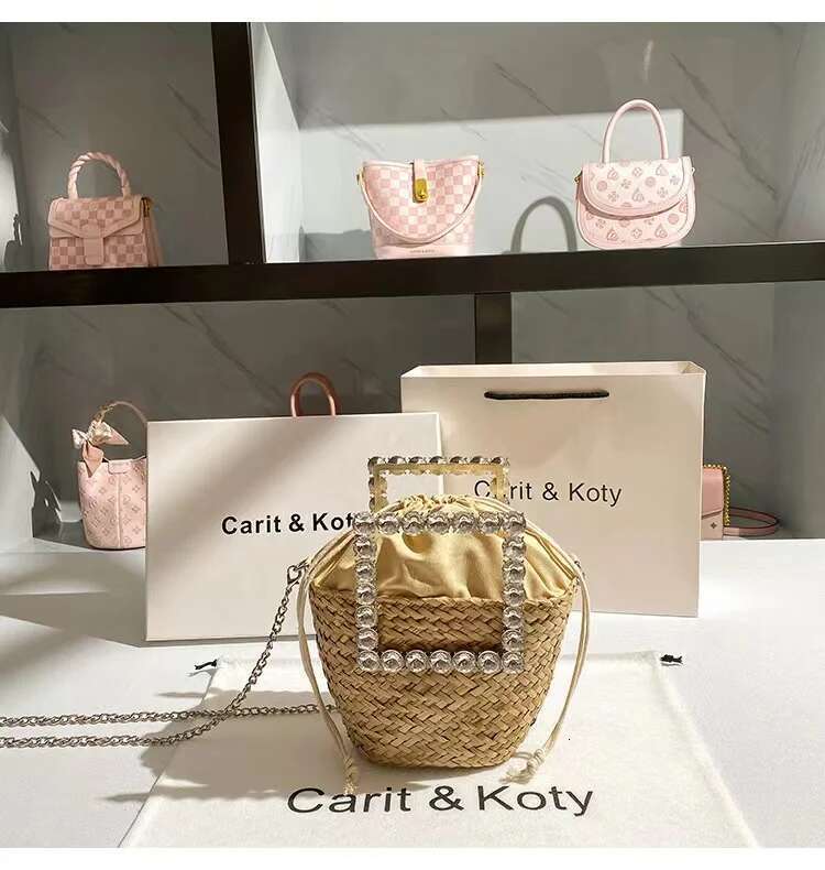 Crystal Dias Metal Handle Women Handbag Straw Woven Handmade Bucket Holiday Vacation Beach Crossbody Casual Bag