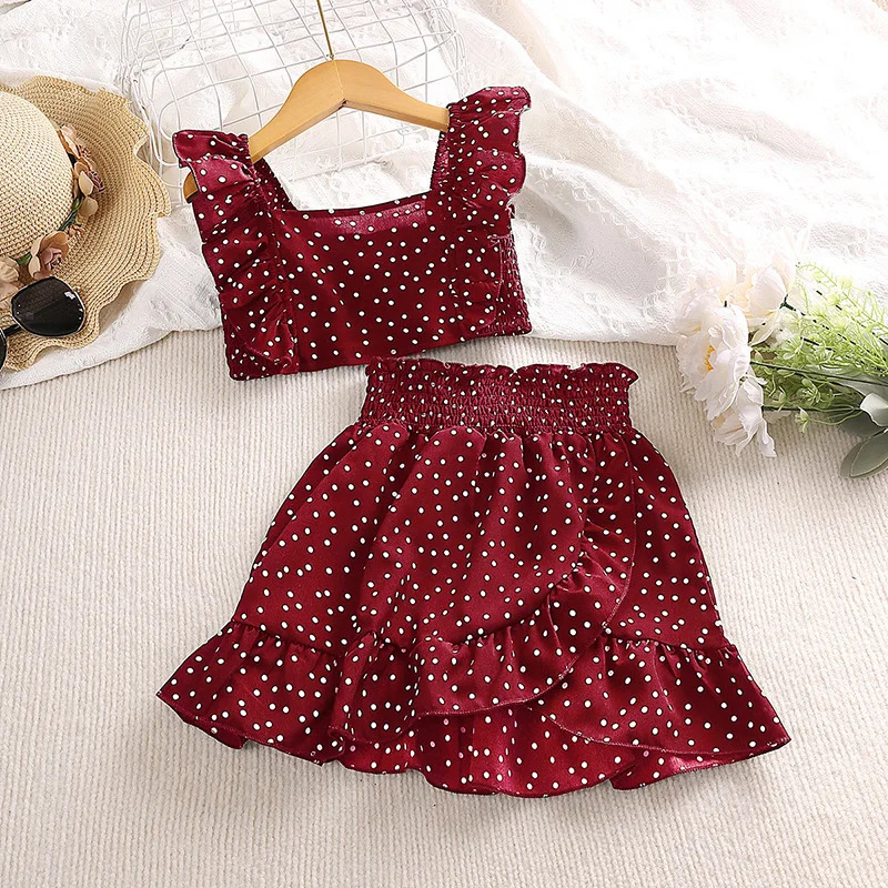 Girls Clothing Set 5-12T Tri-Color Optional Flying Sleeve Square Collar Vest Top Lace Skirts Children Girls Baby Clothes Set 250515