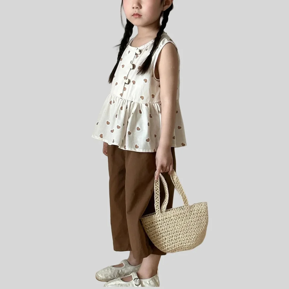 Summer Kids Cotton Clothing - Girls Sleeveless Love Print Top Brown Ankle Pants Boys Solid Shirt Shorts Sibling Set 250515