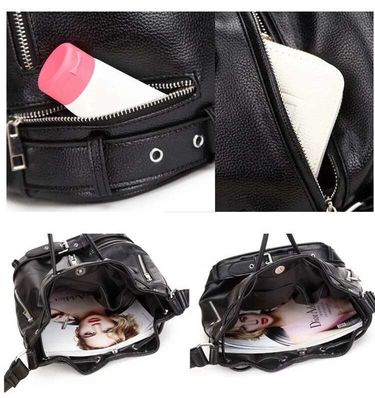 NIGEDU Rock Style Women Shoulder Bag Punk Rivet Messenger Bags PU Leather Handbags Female Designer Motorcycle Bucket Totes Black