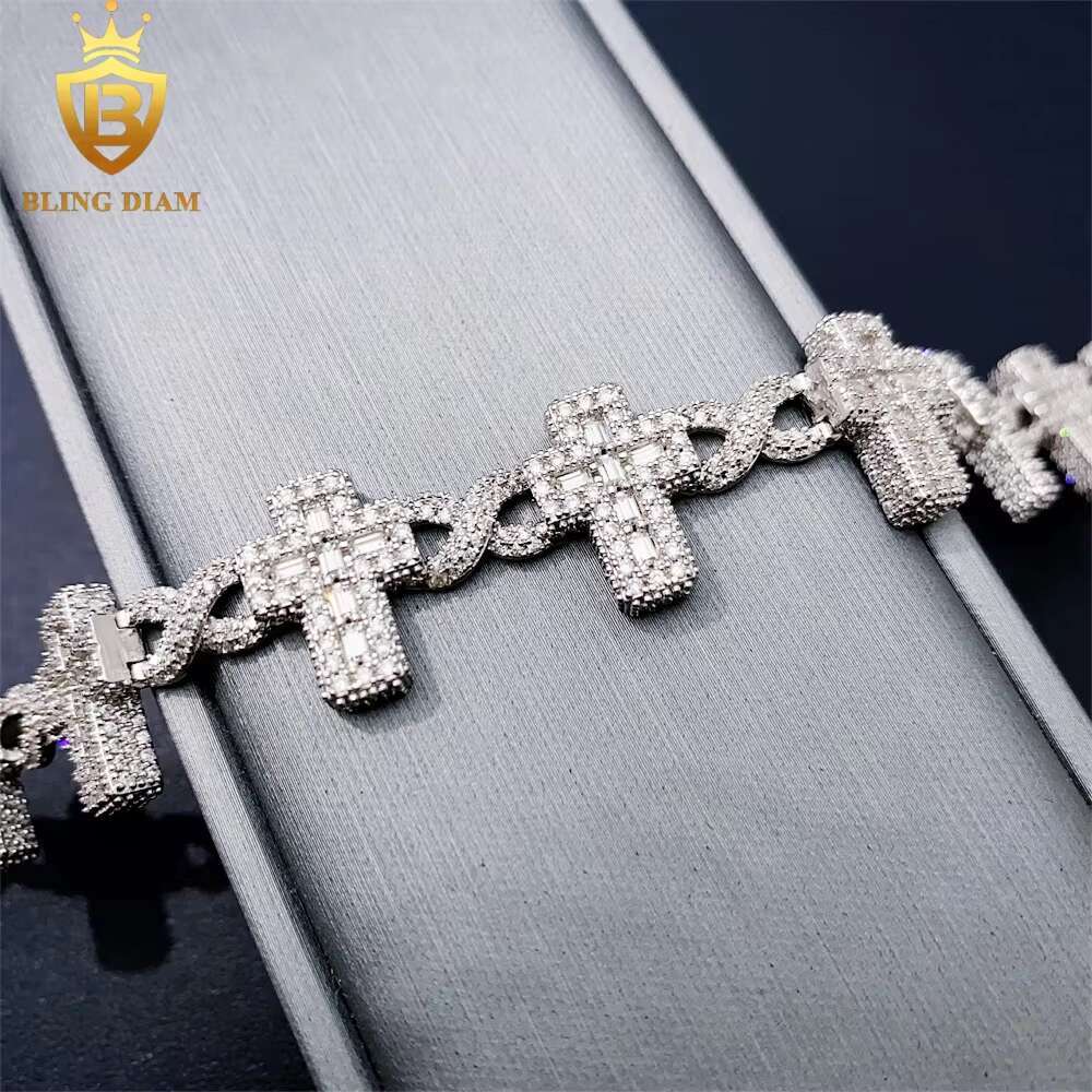 Fine Jewelry Gold Plated 925 Sterling Silver VVS Moissanite Baguette Cuban Link Chain Cross Bracelet for Men Women