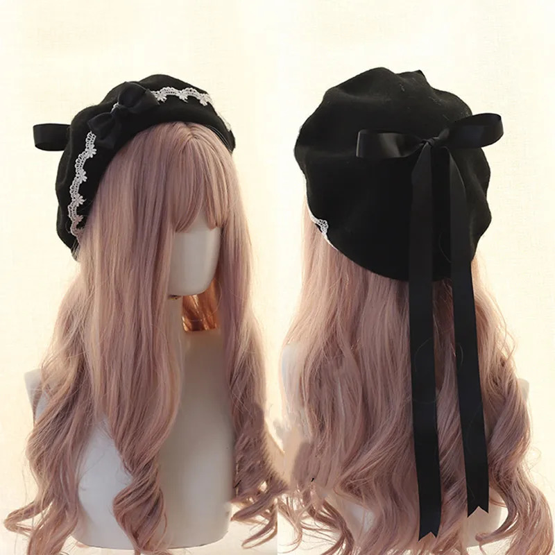 Lolita Girls Cute Bowkont Beanie Women Casual Beret Hat Painter Hat Unisex Artist Cap Dome Pink solid color decorate Wholesale 250514