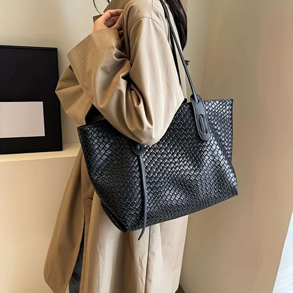 Large PU Leather Tote Bag Spacious, Durable Versatile Ideal For Commuting Shopping - Trendy Woven Design & Comfortable S