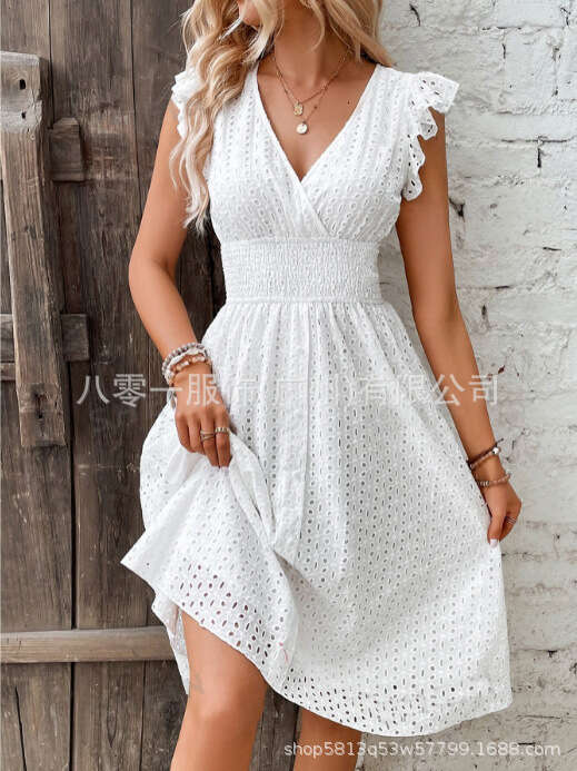 2024 New Mid length Lace Jacquard Hollowed out Slim V-neck Large Women's Dress
