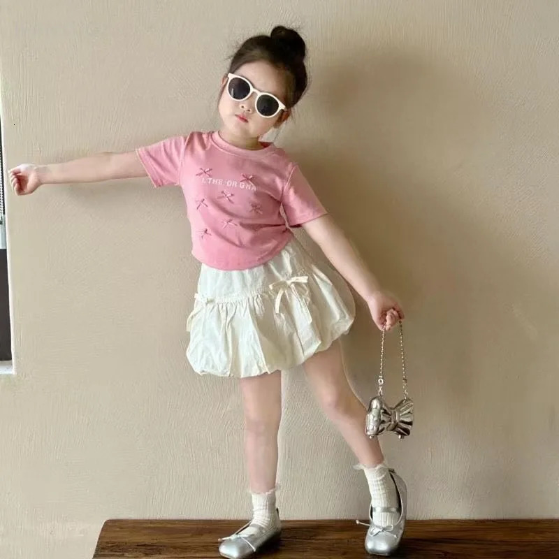 2-8Y Baby Girls Short Shirt Skirt Set Korean Sweet Ballet Style Princess Bow Top Short Sleeved Flower Bud Skirt Baby Dress Sets 250515