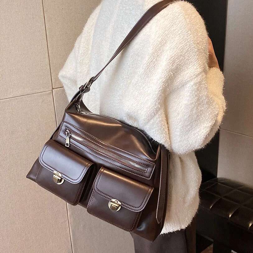 High Quality Ladies Crossbody Women Leather Solid Underarm Bags Winter Vintage Large Shoulder Multi Pocket Messenger Bag