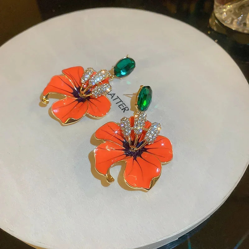 Korean style Orange Enamel Flowers Drop Earrings for Women Girls Green Crystal Dangle Earrings Party Jewelry 250515