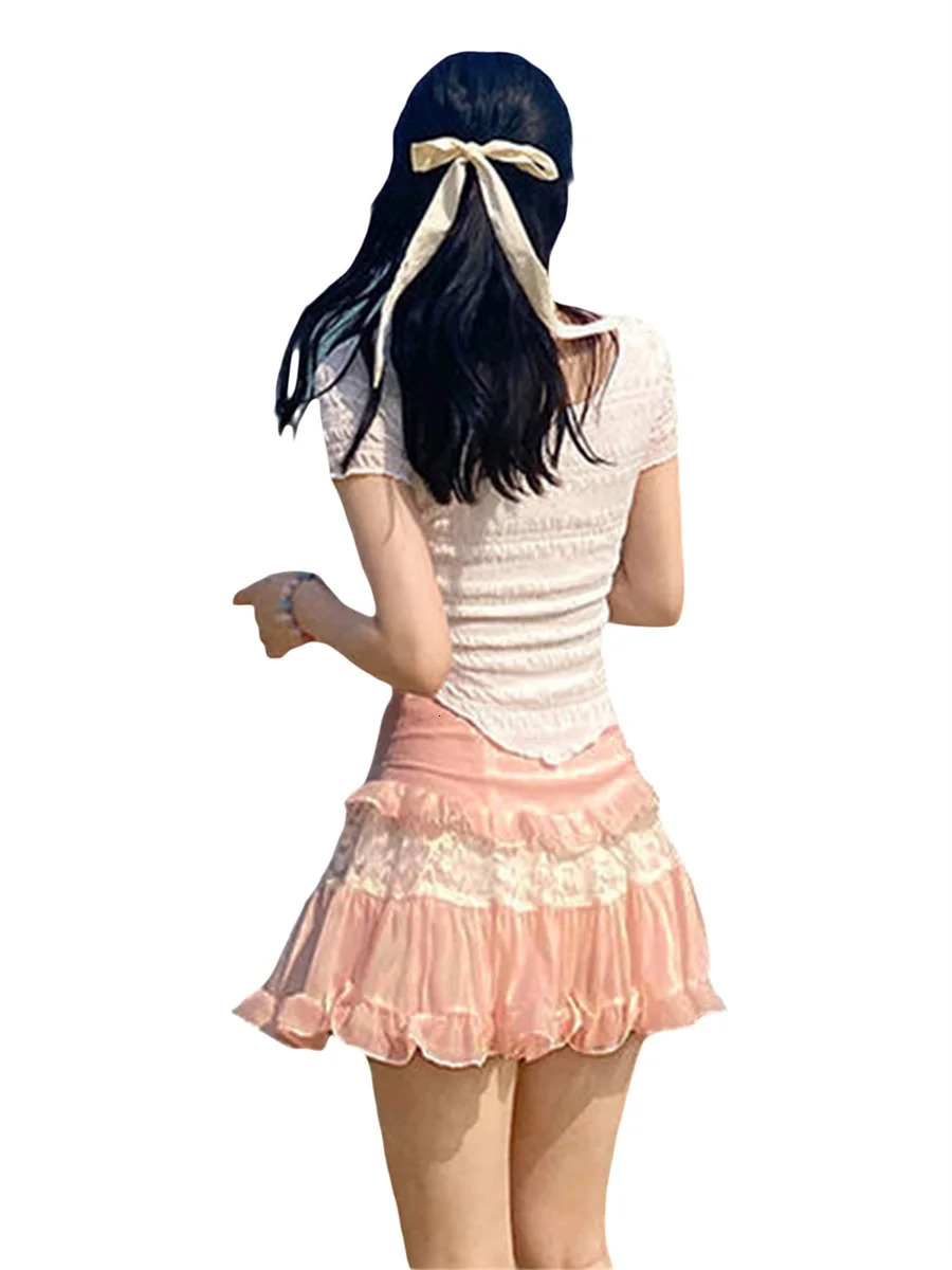 Womens Summer Mini Skirts Cute High Waist Lace Patchwork Ruffle Hem ALine 250515