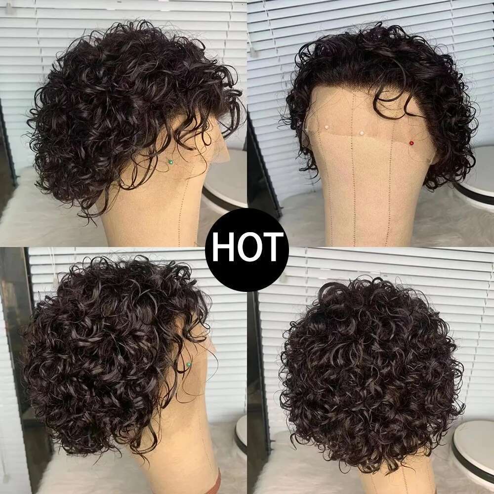Pixie Cut Colored Lace Spring Curl Short Bob For Women Natural Black Color Human Hair Cheap Wig 13X1