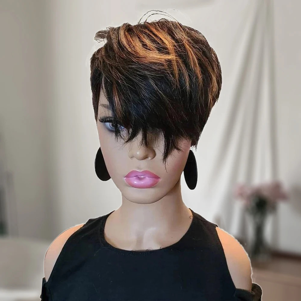 Short Pixie Cut Wig Human Hair with Bangs for Black Women 150% Density Brazilian Remy Hair Easy to Wear Short Machine Made Wig 250512