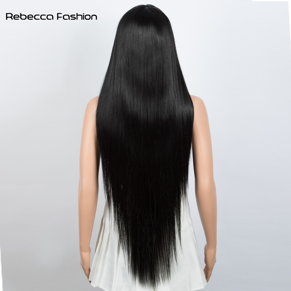 Rebecca Fashion Synthetic 30 Inch Long Straight With Bangs Ombre Brown Wig For Black Women Heat Resistant Daily Use Fake Hair