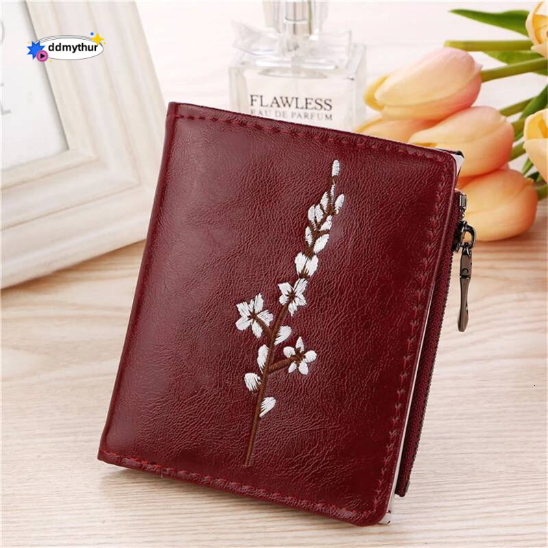 Women Purse Zipper Green Red Black Female Wallet PU Leather Card Holder Embroidery Ladies Money Bag ddmythur