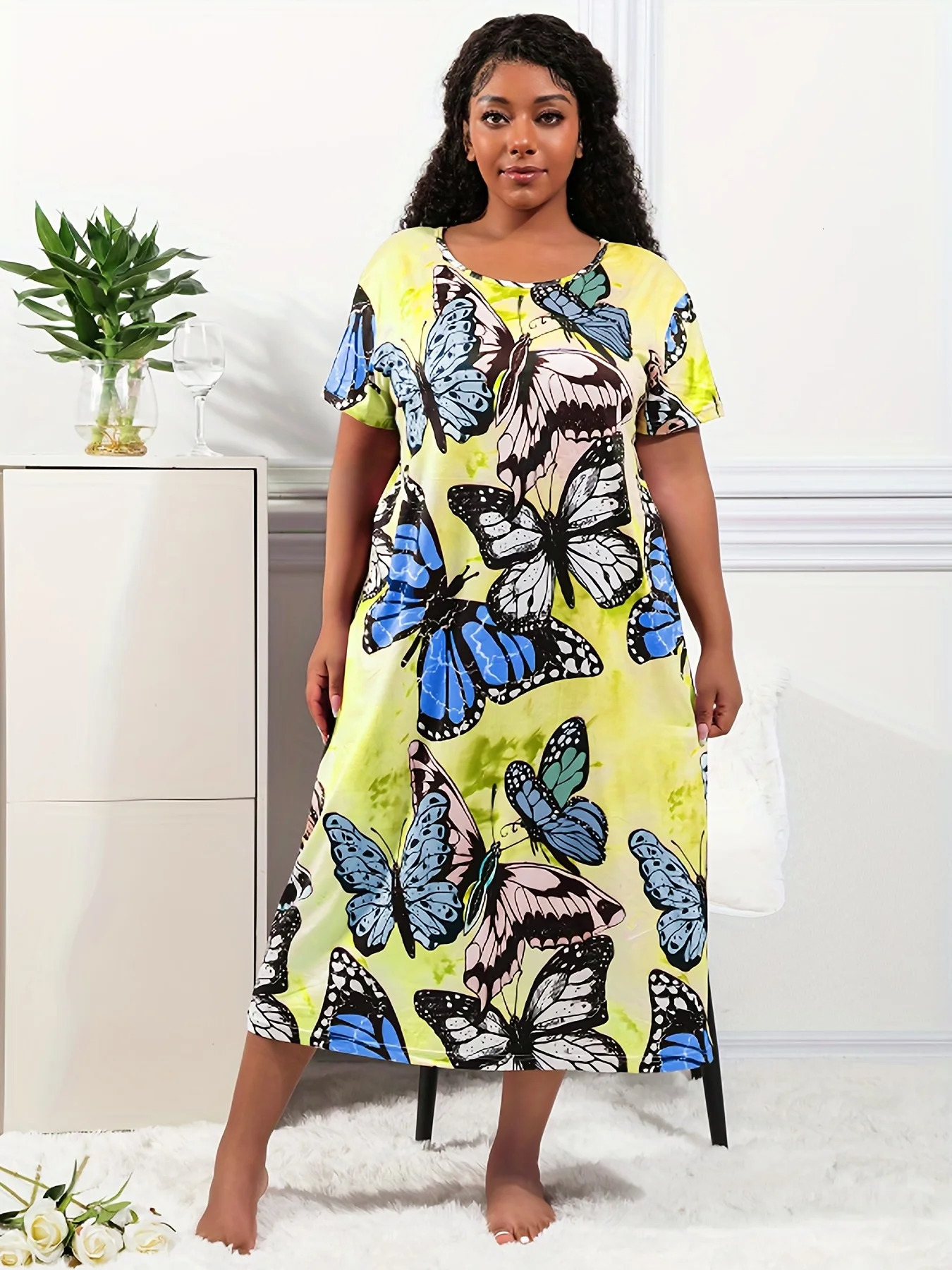 Plus Size Casual Loungewear Dress Tie Dye Short Sleeve Stretchy Wear Comfort Y2K Nightdress 250506