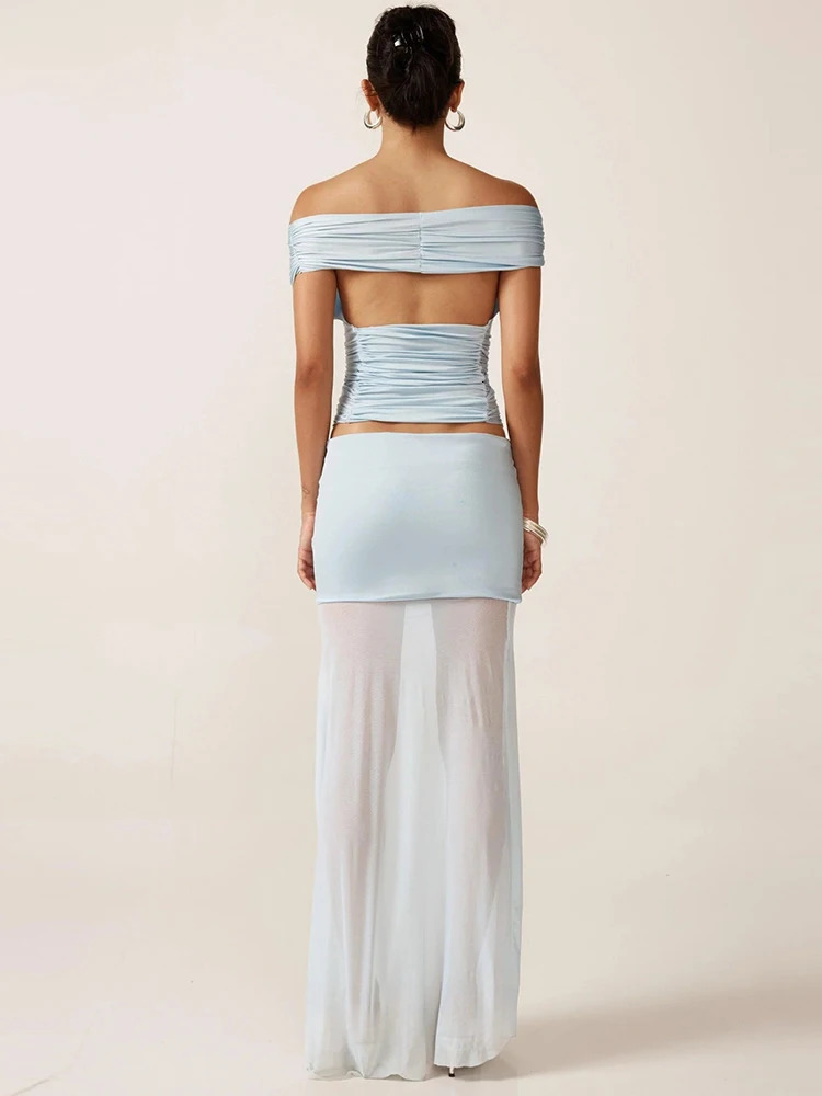 Sibybo Summer Party Two Piece Set Women Off Shoulder Ruched Backless Crop Top Mesh Patchwork Maxi Skirt Vacation Matching Outfit 250515
