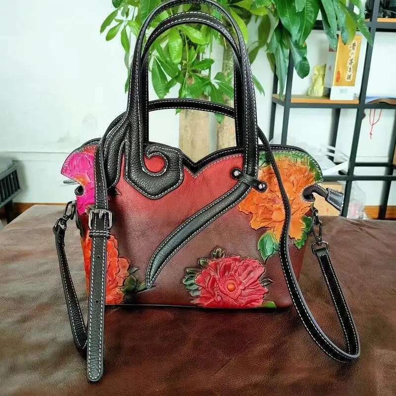 Vintage Genuine Handbag Woman Floral Tote Bags For Women 2024 New Handmade Cow Leather Shoulder Or Crossbody Bag