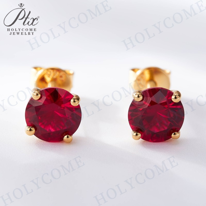 Solitaire Lab Ruby Red Stud Earrings Women 925 Sterling Silver Round Cut Ruby 5.0/6.5mm Parties Engagements Pair Push Back Stud Wedding Gift