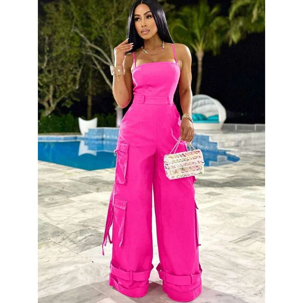 Sexy Spaghetti Strap Cargo Jumpsuit Women Summer Sleeveless Strapless Wide Leg Pants With Pockets One Pieces Romper Overall