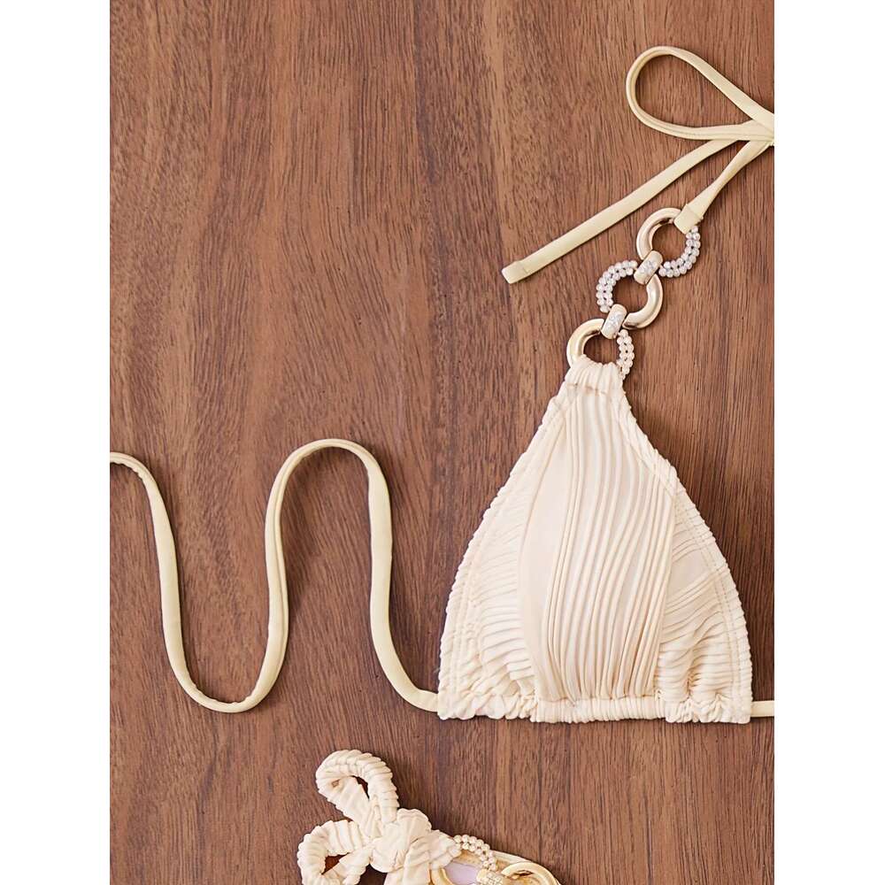 Sexy rhinestone ring halter bikinis sets two pieces solid thong tie swimsuit Swimwear bathing suit beach outfits biquini tankini