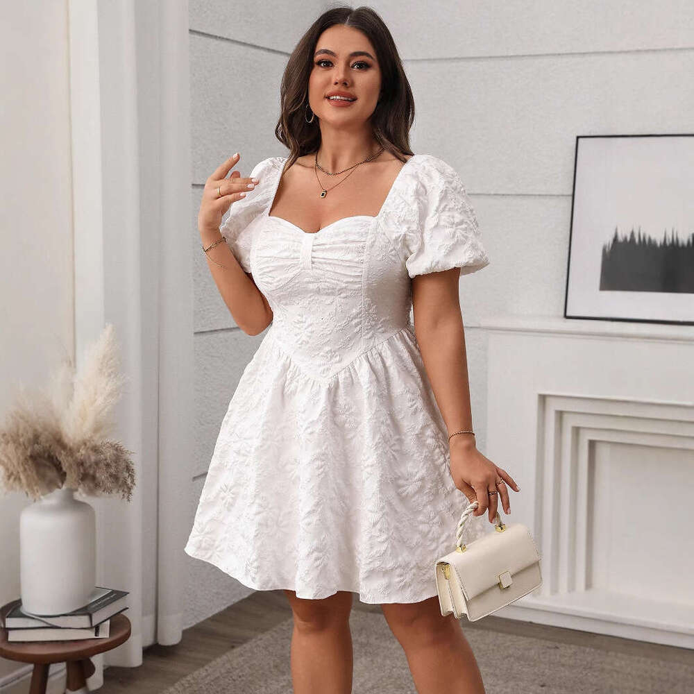 Plus Size Buttock Calf Dresses for Woman Elegant Skirt Partydress Skirt Bodysuit Floral Dress 2025 French Square Collar Dress Slimming and Fluffy Shor