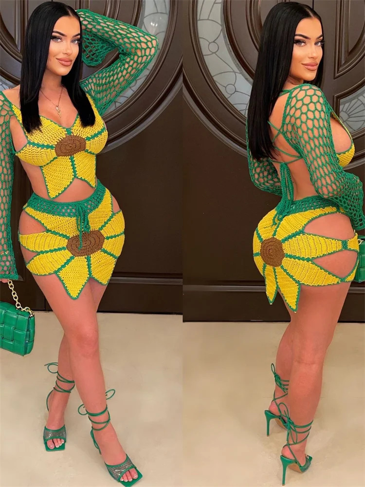Weird Puss 2 Piece Sets Women Outfit Crochet Sunflower Backless Hollow TopsSkinny Skirt Beach Party Summer Trend Matching Suits 250515