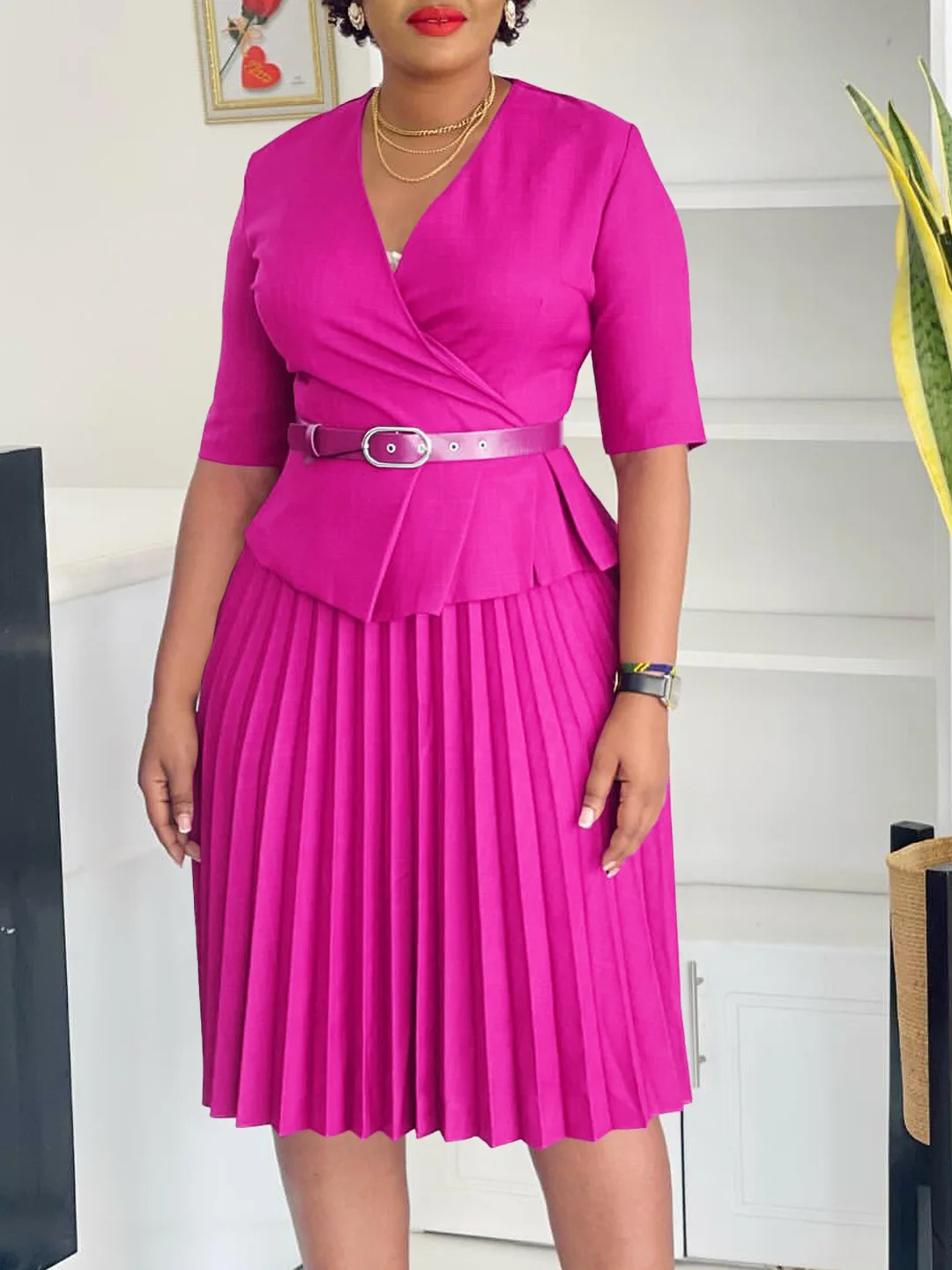 Womens 2025 fashion plus size temperament V-neck pleated dress 250514