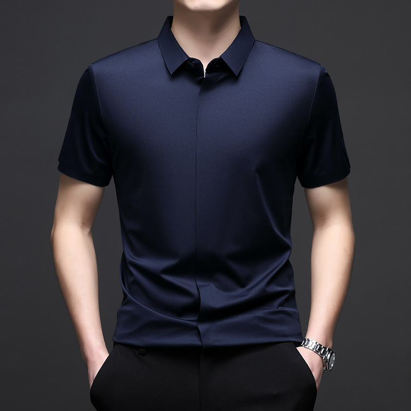 Men's Short Sleeve 2025 Summer Stretch Business Casual Solid Color Ice Silk Shirt Designer Men's Clothing