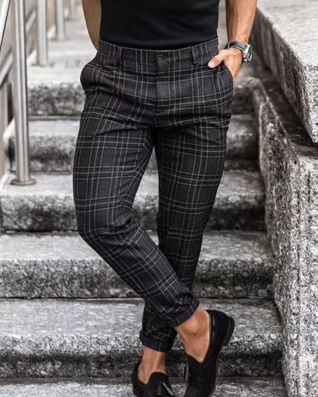 Men's casual checkered print mid rise tailored trousers with slight elasticity
