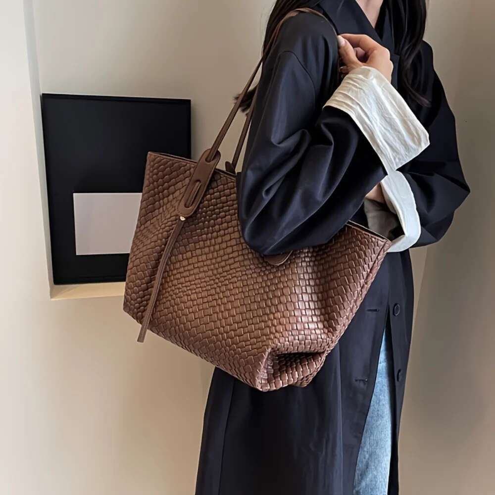 Large PU Leather Tote Bag Spacious, Durable Versatile Ideal For Commuting Shopping - Trendy Woven Design & Comfortable S