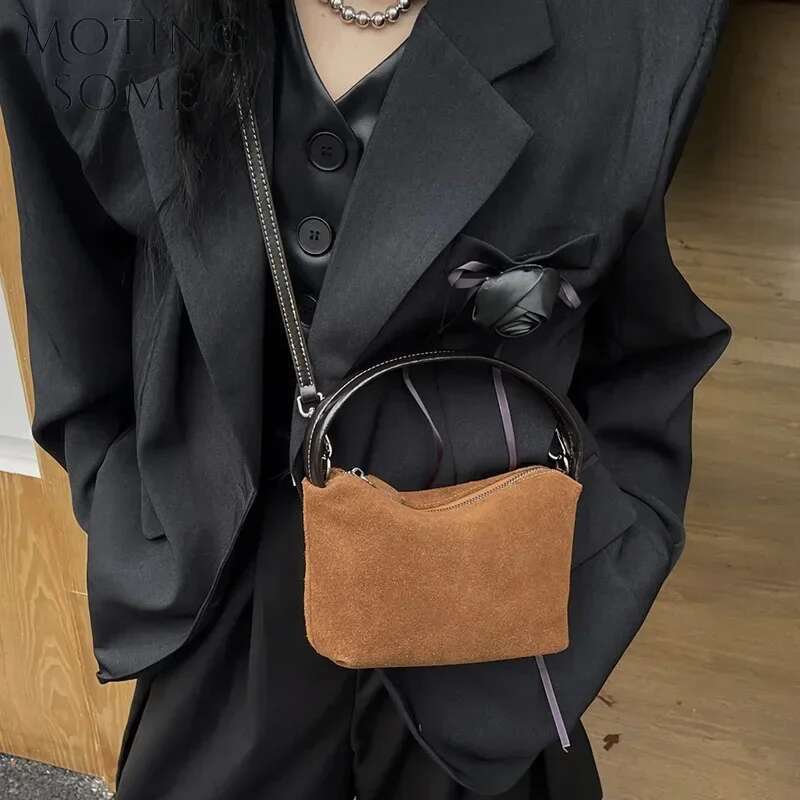 Motingsome Mini Pouch Suede Cowhide Portable Lunch Box New Versatile Hand Bag Retro Shoulder Messenger Purse