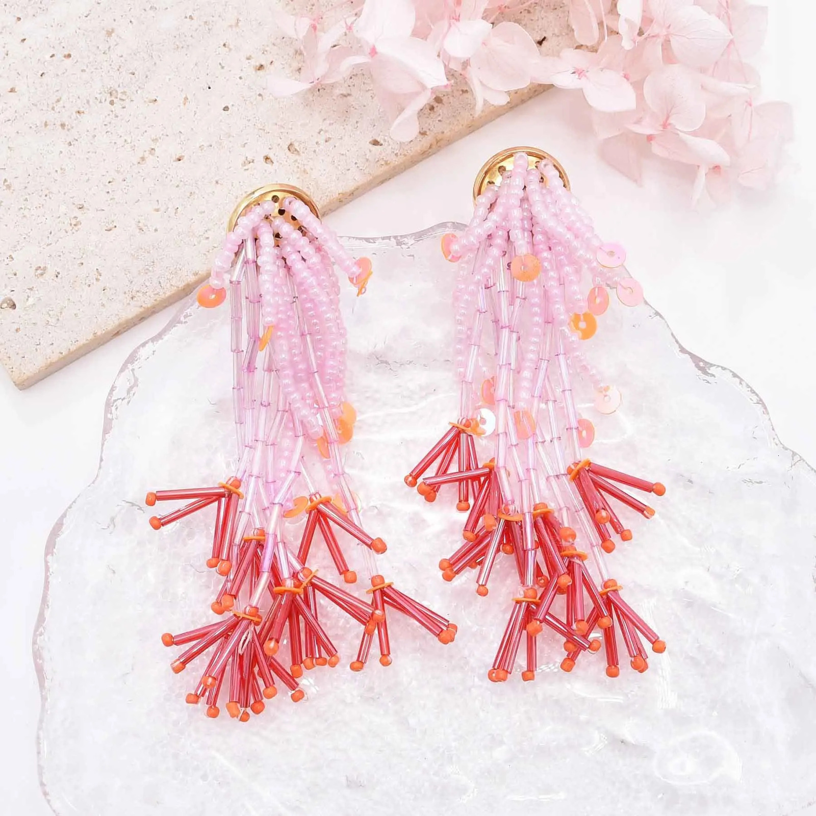 European and American exaggerated hand-beaded rice beads tassel earrings bohemian long vacation style beads earrings for women 250514