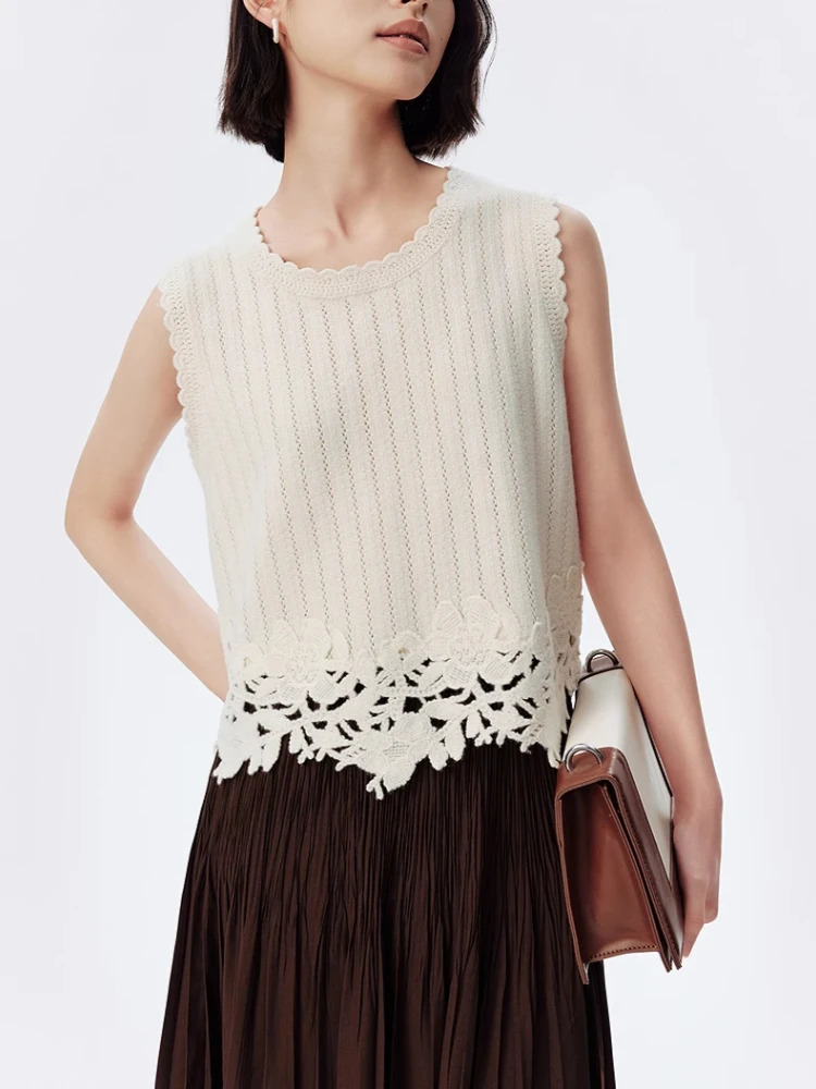French style hand embroidered hem knitted vest for spring and summer 2025 womens sleeveless top 250506