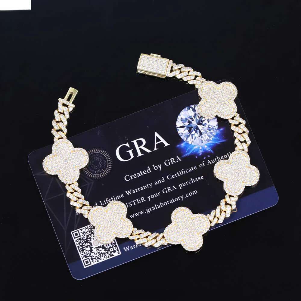 Yu Ying Clover Gold Sterling Sier VVS Moissanite Cuban Link Chain Bracelet for Hip Hop Jewelry