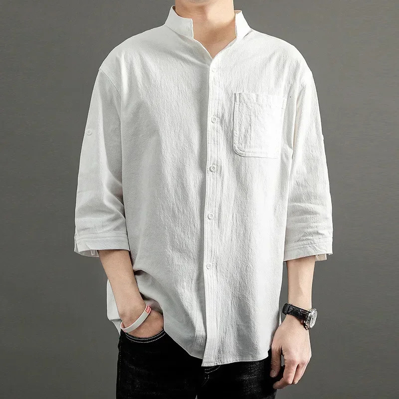 Summer 2024 Japanese casual loose collar cotton linen shirt mens onethird sleeve 250506Z