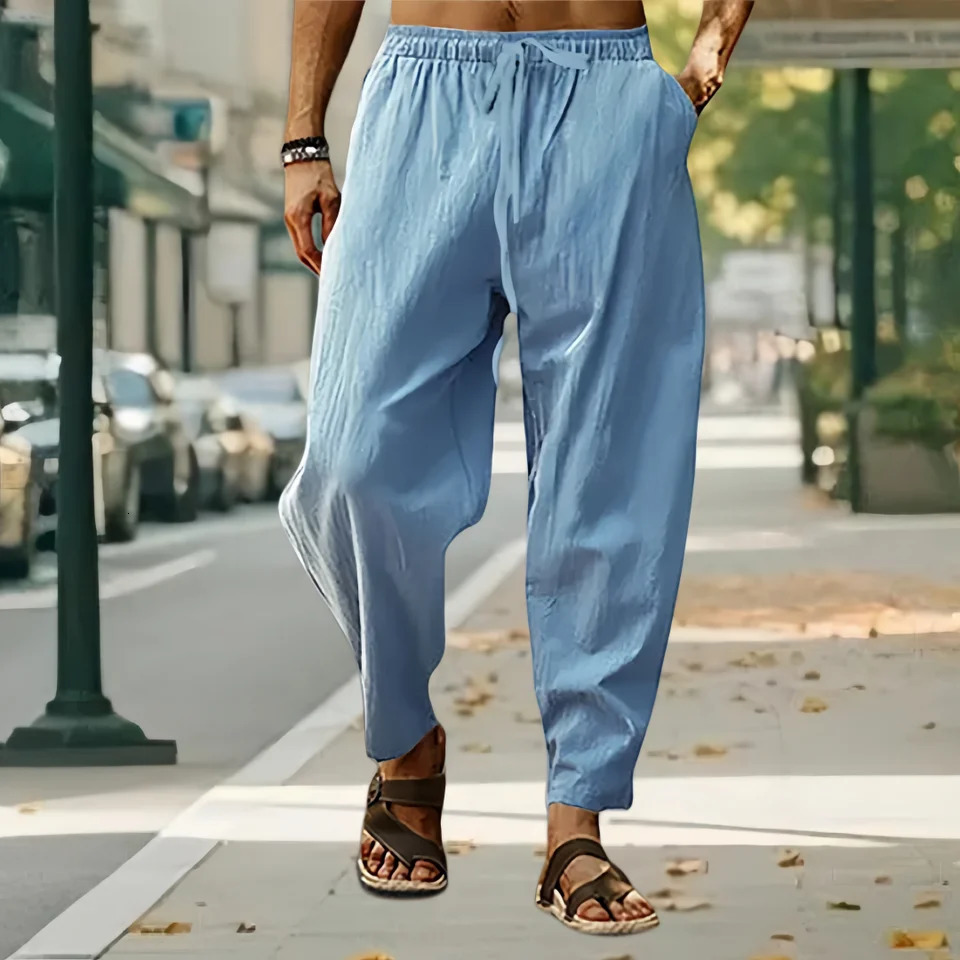 Men Cotton Linen Pants Summer and Autumn Solid High Waist WideLeg Trousers Male Loose Hemp Casual Breathable Sports 250515