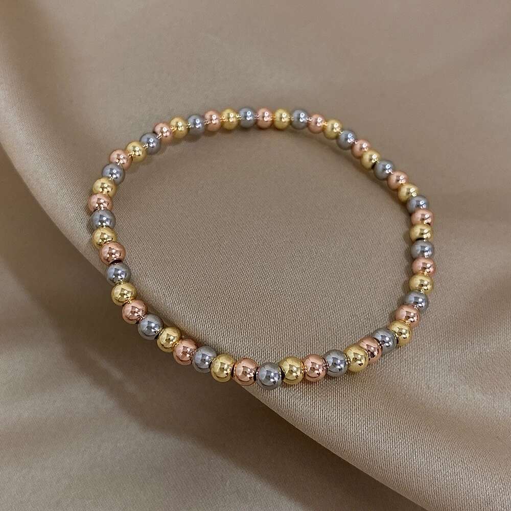 Greatera 3/4Mm Stainless Steel Beads Elastic Bracelets For Women Gold Plated Tricolor Beaded Chain Bracelet Waterproof Jewelry