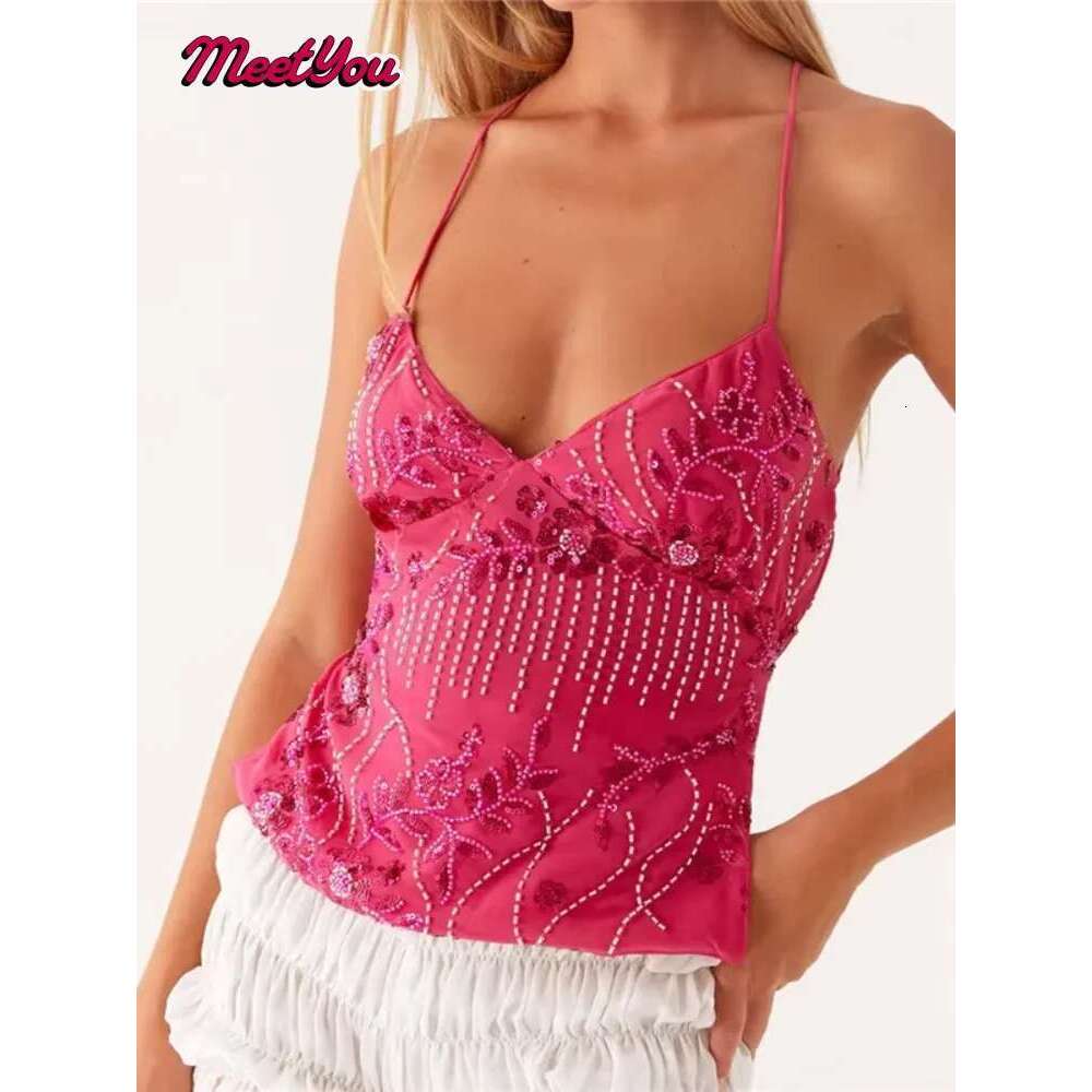 Shiny Sequins V Neck Cropped Vest Women Sexy Lace Up Backless Summer Holiday Halter Tops 2025 Chic Lady Sparkle Sling T-shirt