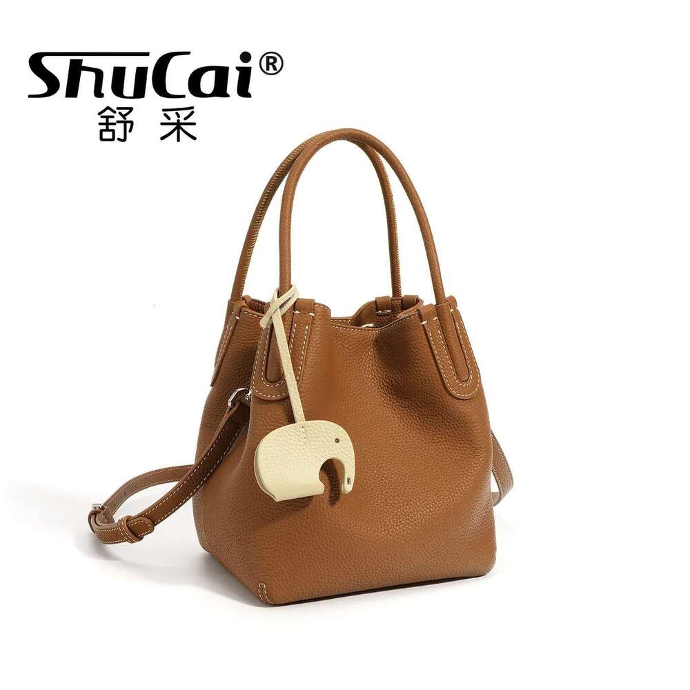 Head Layer Cowhide Vegetable Basket Genuine Leather Cell Phone Crossbody Commuter Shoulder Bucket Bag