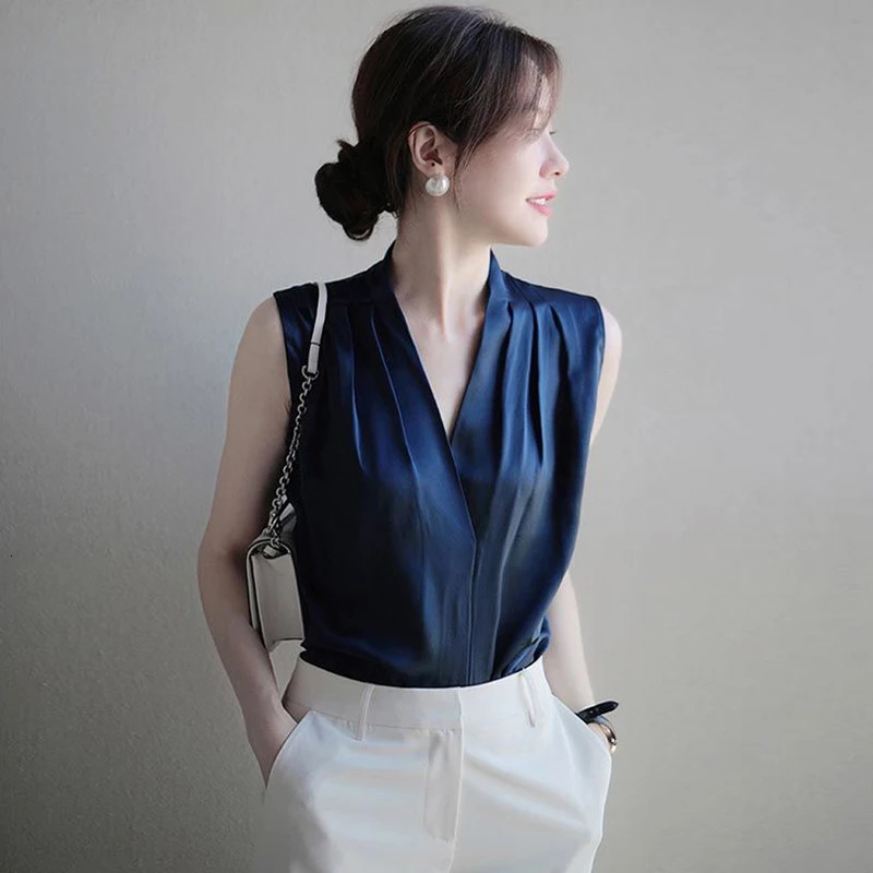 Summer Satin Tank Top Womens Blouses Sleeveless Solid Cross Vneck Casual Korean Elegant Vest Shirts for 250515