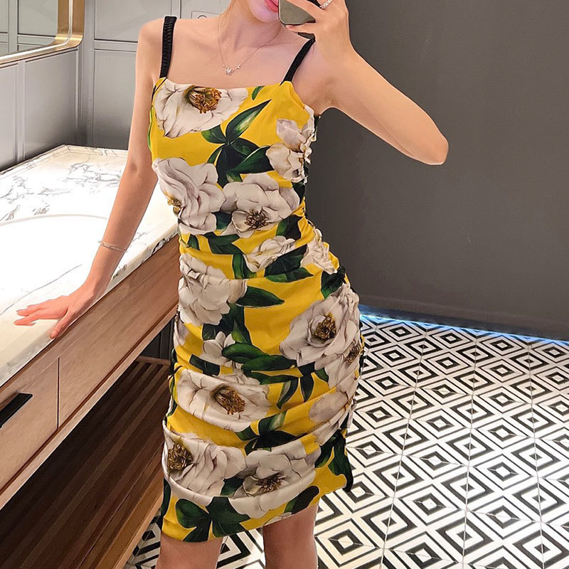 Fashion Women's Yellow Floral Print Silk Satin Dress Luxury Square Neck Pleated Strapless BodyconVestdios Sexy Fashion Vaction Style Designer Clo