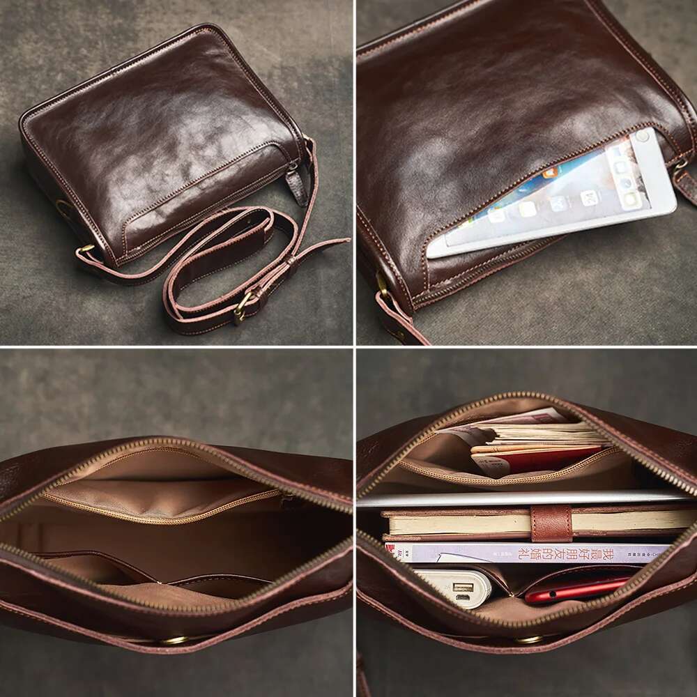 Genuine Men Shoulder Cowhide Leather Crossbody Casual College Style Messenger 12.9 Inch Laptop Bag