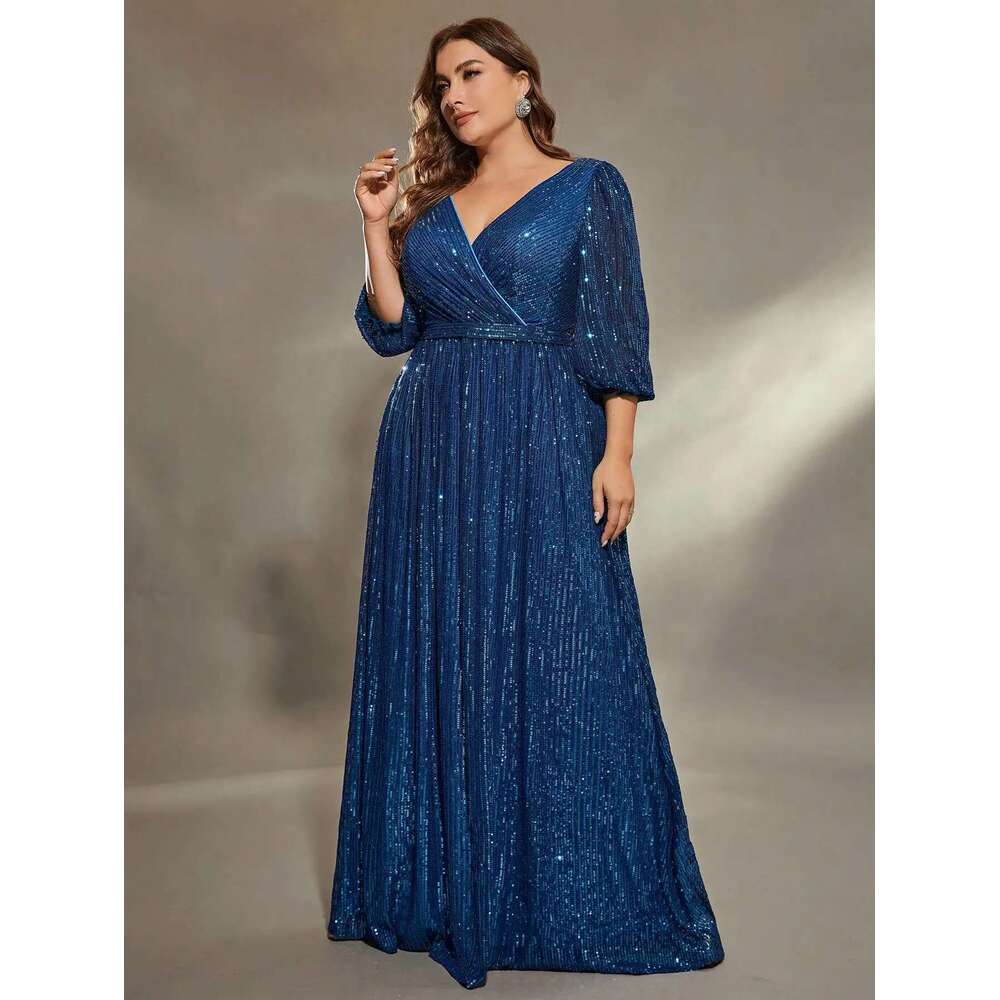 Mgiacy plus size V-neck bust pleated mid-long sleeve A-frame sequin long Evening gown PROM Party dress