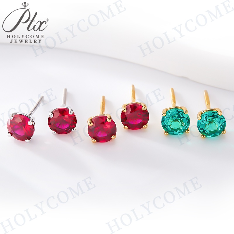 Hot Sale Lab Grown Emerald Stud Earrings 5.0/6.5mm Ruby Red Vivid Green K White/Yellow Gold Push Back Prong Setting Earrings Jewelry Gift Charm Women