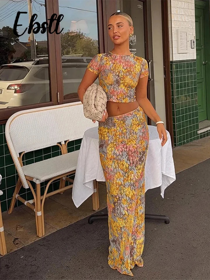 Fashion Printed Crop Top Skirts Set Women Sexy See Through Short Sleeve Shirt Slim Fit Long Skirt Summer Lady Beach Outfit 250515