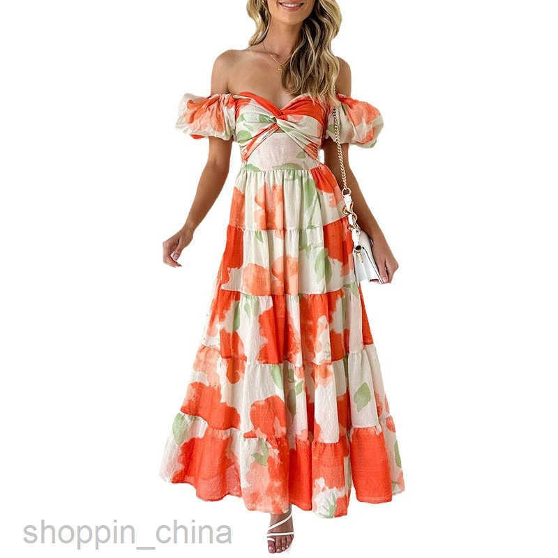 Women Dresses Spring/Summer New Slimming Printed Bubble Sleeve Large Swing Dress for Women